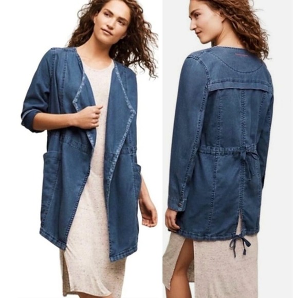 Anthropologie Hei Hei Women's Chambray Linen-Blend Open Front Jacket Size Small - Picture 1 of 11